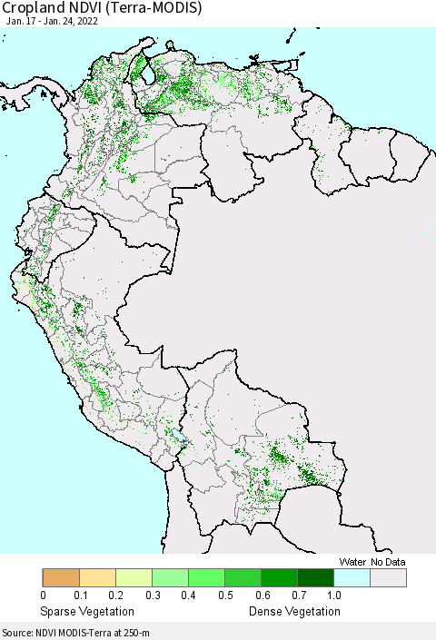 Northern South America Cropland NDVI (Terra-MODIS) Thematic Map For 1/17/2022 - 1/24/2022