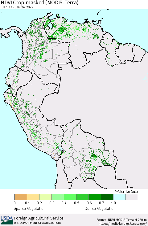 Northern South America Cropland NDVI (Terra-MODIS) Thematic Map For 1/21/2022 - 1/31/2022