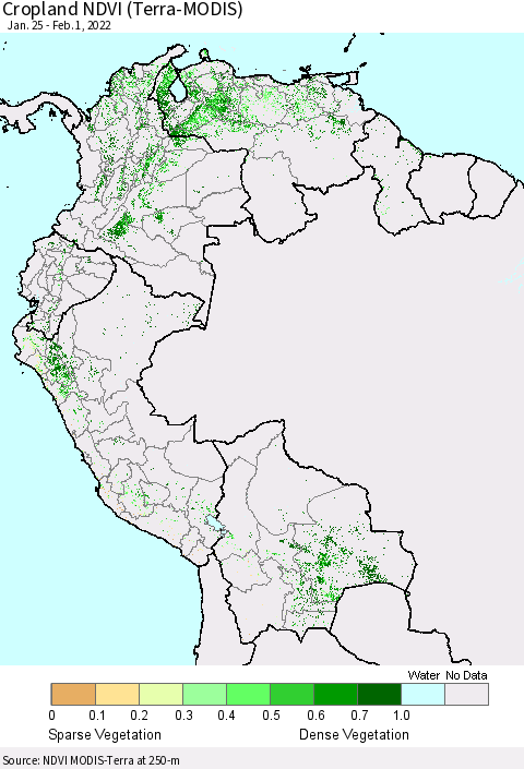 Northern South America Cropland NDVI (Terra-MODIS) Thematic Map For 1/25/2022 - 2/1/2022
