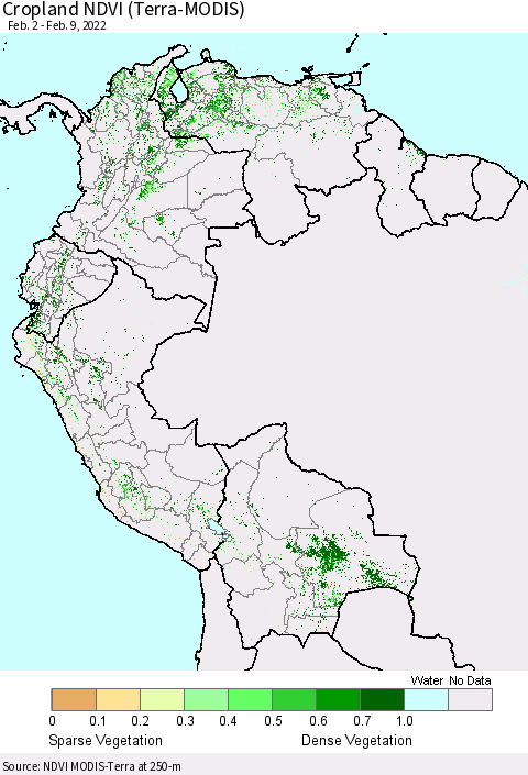 Northern South America Cropland NDVI (Terra-MODIS) Thematic Map For 2/2/2022 - 2/9/2022