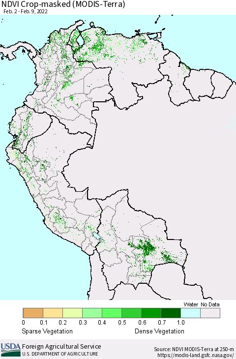 Northern South America Cropland NDVI (Terra-MODIS) Thematic Map For 2/1/2022 - 2/10/2022