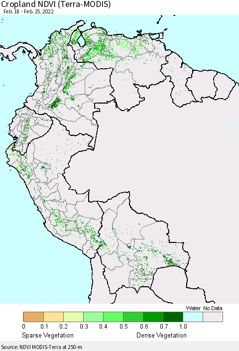 Northern South America Cropland NDVI (Terra-MODIS) Thematic Map For 2/18/2022 - 2/25/2022