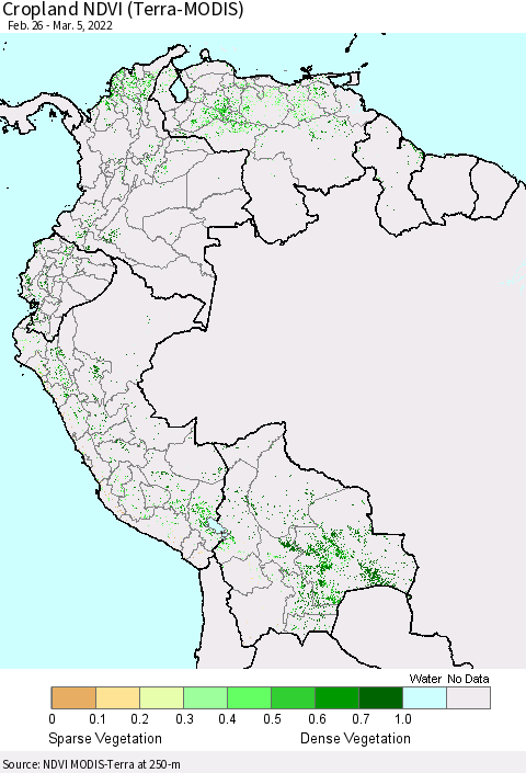 Northern South America Cropland NDVI (Terra-MODIS) Thematic Map For 2/26/2022 - 3/5/2022