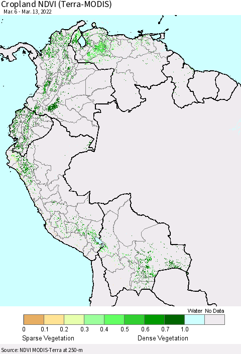 Northern South America Cropland NDVI (Terra-MODIS) Thematic Map For 3/6/2022 - 3/13/2022