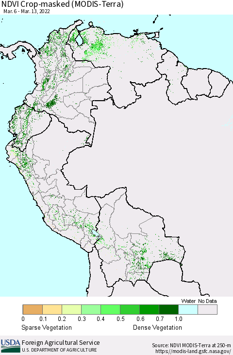 Northern South America Cropland NDVI (Terra-MODIS) Thematic Map For 3/11/2022 - 3/20/2022