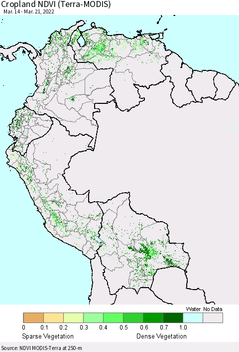 Northern South America Cropland NDVI (Terra-MODIS) Thematic Map For 3/14/2022 - 3/21/2022
