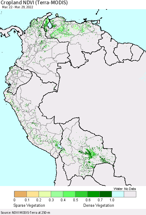 Northern South America Cropland NDVI (Terra-MODIS) Thematic Map For 3/22/2022 - 3/29/2022