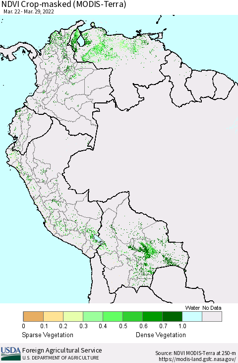 Northern South America Cropland NDVI (Terra-MODIS) Thematic Map For 3/21/2022 - 3/31/2022