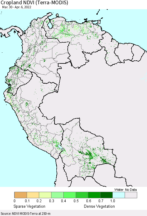 Northern South America Cropland NDVI (Terra-MODIS) Thematic Map For 3/30/2022 - 4/6/2022