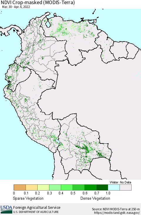 Northern South America Cropland NDVI (Terra-MODIS) Thematic Map For 4/1/2022 - 4/10/2022