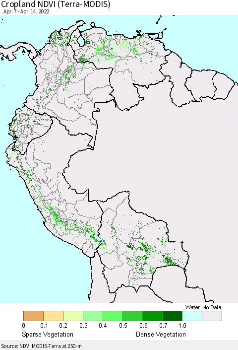 Northern South America Cropland NDVI (Terra-MODIS) Thematic Map For 4/7/2022 - 4/14/2022