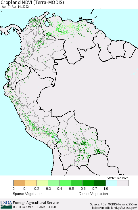 Northern South America Cropland NDVI (Terra-MODIS) Thematic Map For 4/11/2022 - 4/20/2022