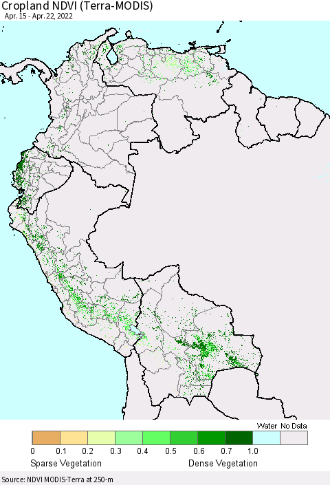 Northern South America Cropland NDVI (Terra-MODIS) Thematic Map For 4/15/2022 - 4/22/2022