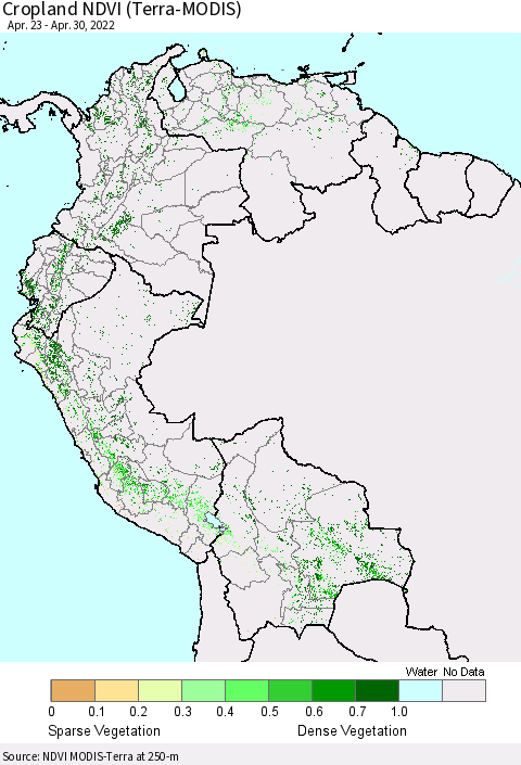 Northern South America Cropland NDVI (Terra-MODIS) Thematic Map For 4/21/2022 - 4/30/2022
