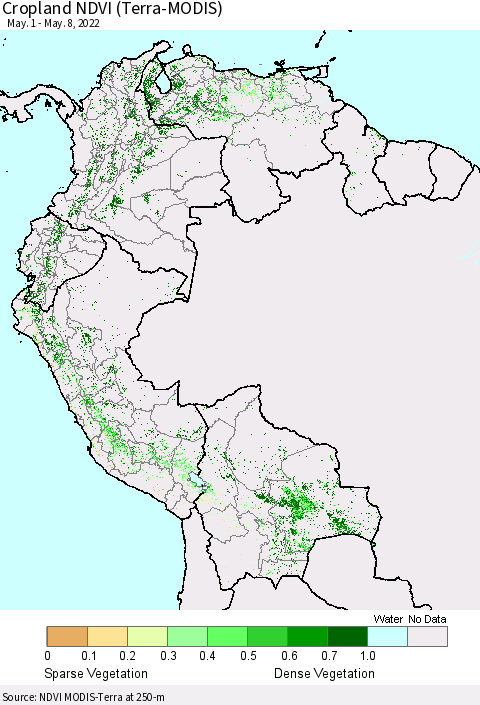 Northern South America Cropland NDVI (Terra-MODIS) Thematic Map For 5/1/2022 - 5/8/2022