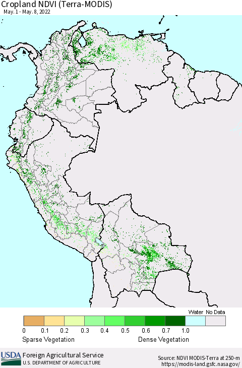 Northern South America Cropland NDVI (Terra-MODIS) Thematic Map For 5/1/2022 - 5/10/2022