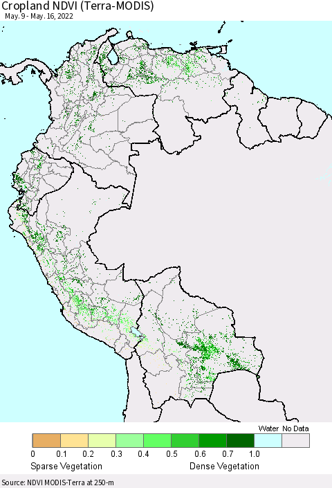 Northern South America Cropland NDVI (Terra-MODIS) Thematic Map For 5/9/2022 - 5/16/2022