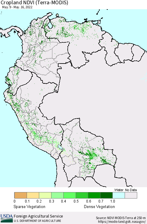 Northern South America Cropland NDVI (Terra-MODIS) Thematic Map For 5/11/2022 - 5/20/2022