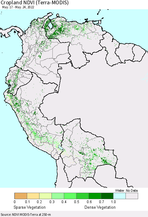 Northern South America Cropland NDVI (Terra-MODIS) Thematic Map For 5/17/2022 - 5/24/2022