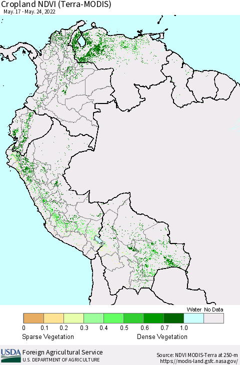 Northern South America Cropland NDVI (Terra-MODIS) Thematic Map For 5/21/2022 - 5/31/2022