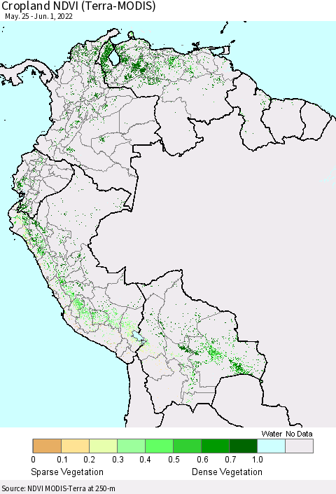 Northern South America Cropland NDVI (Terra-MODIS) Thematic Map For 5/25/2022 - 6/1/2022