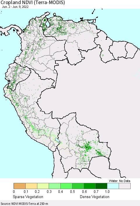 Northern South America Cropland NDVI (Terra-MODIS) Thematic Map For 6/2/2022 - 6/9/2022