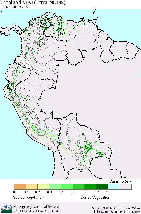 Northern South America Cropland NDVI (Terra-MODIS) Thematic Map For 6/1/2022 - 6/10/2022