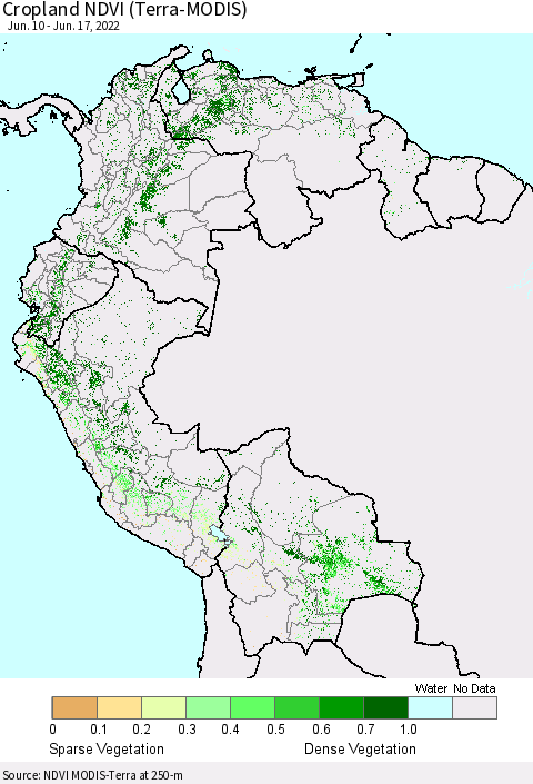Northern South America Cropland NDVI (Terra-MODIS) Thematic Map For 6/10/2022 - 6/17/2022