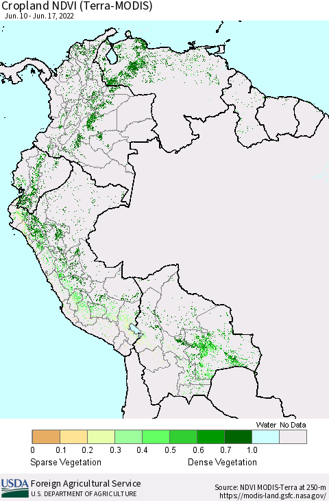 Northern South America Cropland NDVI (Terra-MODIS) Thematic Map For 6/11/2022 - 6/20/2022