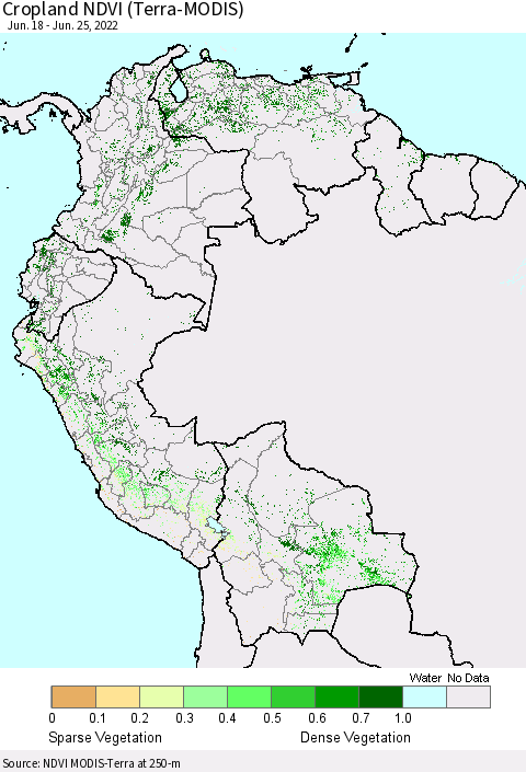 Northern South America Cropland NDVI (Terra-MODIS) Thematic Map For 6/18/2022 - 6/25/2022