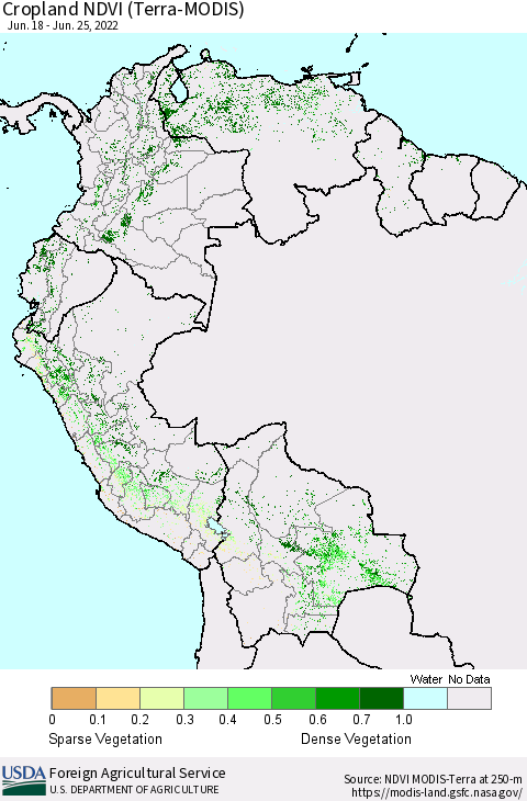 Northern South America Cropland NDVI (Terra-MODIS) Thematic Map For 6/21/2022 - 6/30/2022