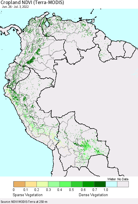 Northern South America Cropland NDVI (Terra-MODIS) Thematic Map For 6/26/2022 - 7/3/2022