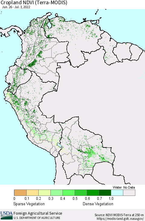 Northern South America Cropland NDVI (Terra-MODIS) Thematic Map For 7/1/2022 - 7/10/2022
