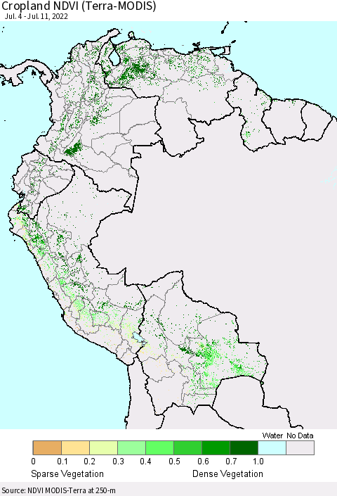 Northern South America Cropland NDVI (Terra-MODIS) Thematic Map For 7/4/2022 - 7/11/2022