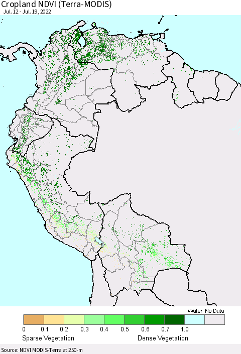 Northern South America Cropland NDVI (Terra-MODIS) Thematic Map For 7/12/2022 - 7/19/2022