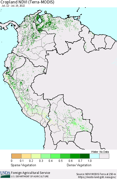 Northern South America Cropland NDVI (Terra-MODIS) Thematic Map For 7/11/2022 - 7/20/2022