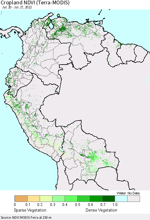 Northern South America Cropland NDVI (Terra-MODIS) Thematic Map For 7/20/2022 - 7/27/2022