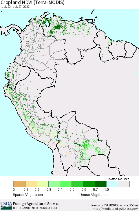 Northern South America Cropland NDVI (Terra-MODIS) Thematic Map For 7/21/2022 - 7/31/2022