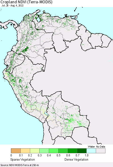 Northern South America Cropland NDVI (Terra-MODIS) Thematic Map For 7/28/2022 - 8/4/2022