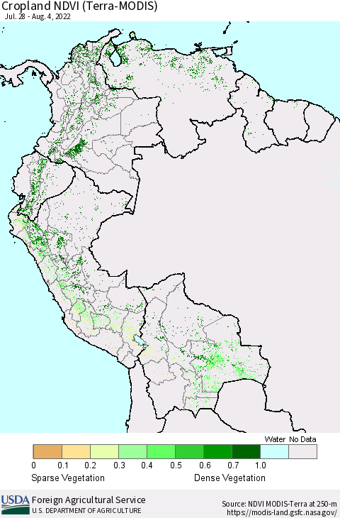 Northern South America Cropland NDVI (Terra-MODIS) Thematic Map For 8/1/2022 - 8/10/2022