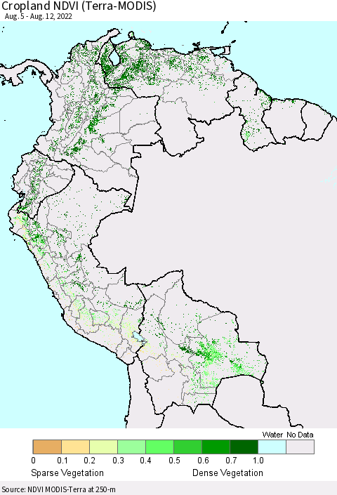 Northern South America Cropland NDVI (Terra-MODIS) Thematic Map For 8/5/2022 - 8/12/2022