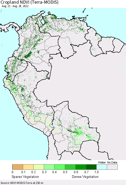 Northern South America Cropland NDVI (Terra-MODIS) Thematic Map For 8/21/2022 - 8/28/2022