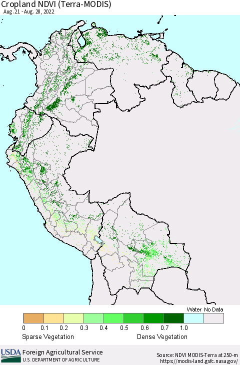Northern South America Cropland NDVI (Terra-MODIS) Thematic Map For 8/21/2022 - 8/31/2022