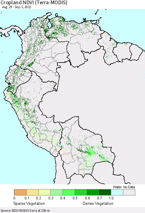 Northern South America Cropland NDVI (Terra-MODIS) Thematic Map For 8/29/2022 - 9/5/2022