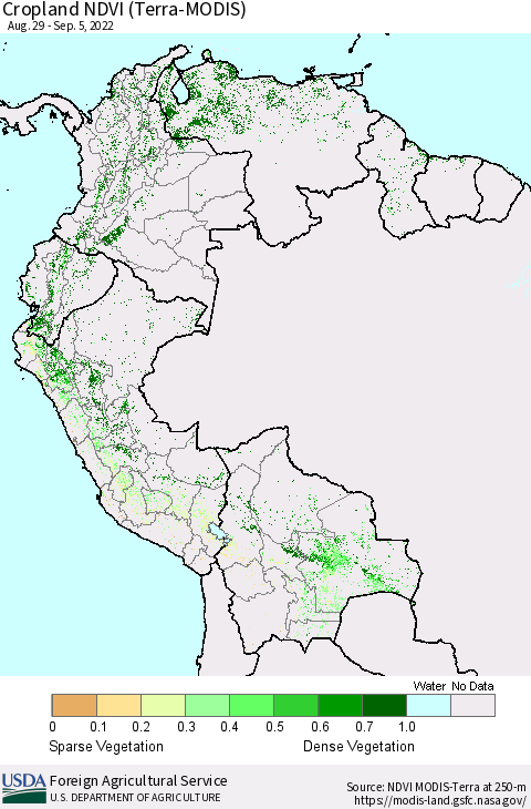Northern South America Cropland NDVI (Terra-MODIS) Thematic Map For 9/1/2022 - 9/10/2022