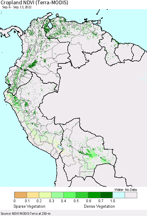 Northern South America Cropland NDVI (Terra-MODIS) Thematic Map For 9/6/2022 - 9/13/2022