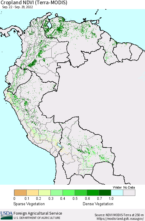 Northern South America Cropland NDVI (Terra-MODIS) Thematic Map For 9/21/2022 - 9/30/2022