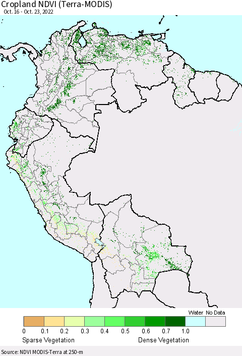 Northern South America Cropland NDVI (Terra-MODIS) Thematic Map For 10/16/2022 - 10/23/2022