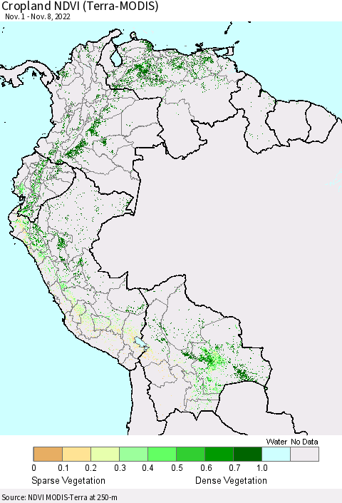 Northern South America Cropland NDVI (Terra-MODIS) Thematic Map For 11/1/2022 - 11/8/2022
