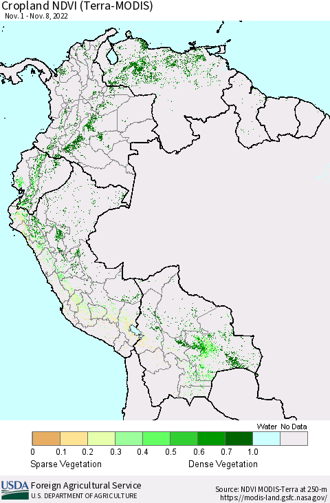 Northern South America Cropland NDVI (Terra-MODIS) Thematic Map For 11/1/2022 - 11/10/2022